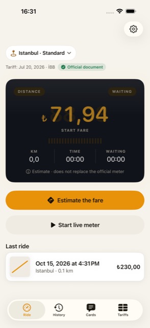 Home screen with the taximeter display and the estimate button