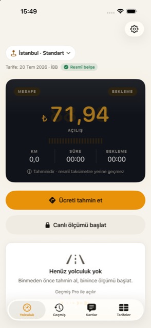 Ana ekran: taksimetre sayacı ve ücret tahmini düğmesi